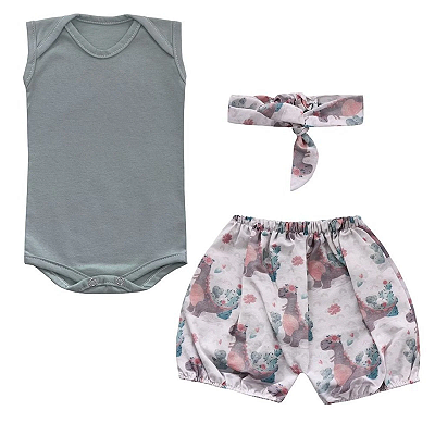 Conjunto Bebê Feminino Body Manga Curta Shorts e Laço Diná