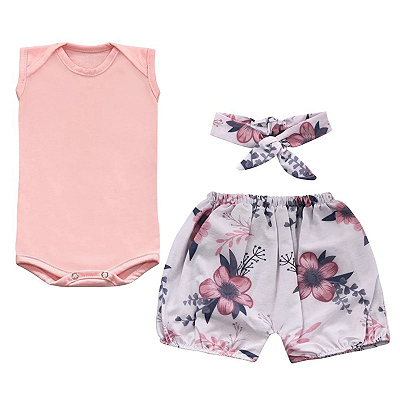 Conjunto Bebê Feminino Body Manga Curta Shorts e Laço Florita