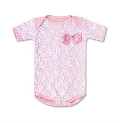 Body Bebê Feminino Manga Curta Rosa com Renda