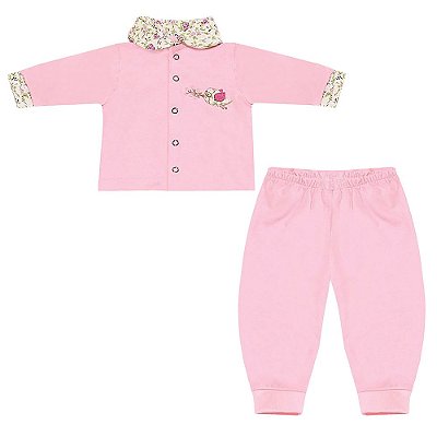 Conjunto Bebê Feminino Camisa Manga Longa e Calça Passarinho Rosa