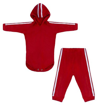 Conjunto Bebê Masculino Body Manga Longa com Capuz e Calça Sport Vermelho