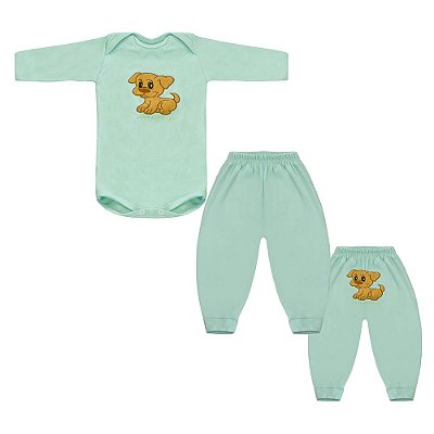 Conjunto Bebê Masculino Body Manga Longa e Calça com Bordado Cachorro Charlie Verde