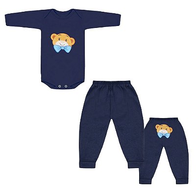 Conjunto Bebê Masculino Camiseta Manga Curta e Bermuda Ursinho Gravatinha