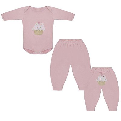 Conjunto Bebê Feminino Body Manga Longa e Calça Cupcake Rosa com Bordado