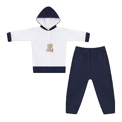 Conjunto Bebê Masculino Casaco Manga Longa com Capuz e Calça Urso Navegador