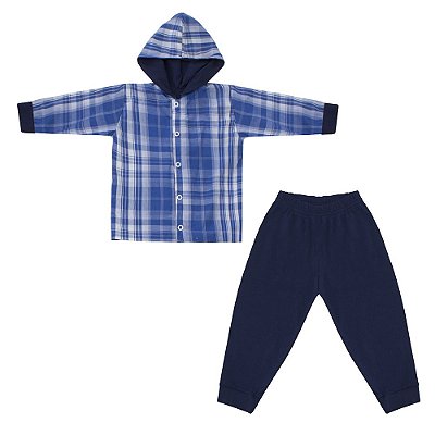 Conjunto Bebê Masculino Camisa Manga Longa com Capuz e Calça Cauê Xadrez
