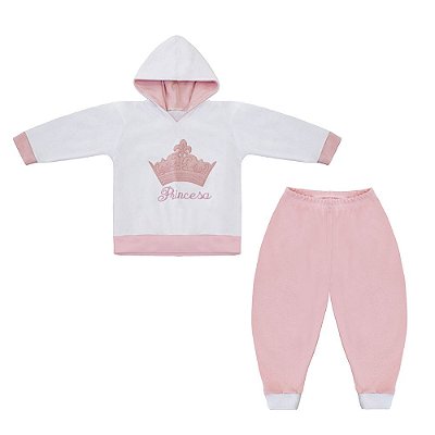 Conjunto Bebê Feminino Casaco Manga Longa com Capuz e Calça Princesinha Rosa