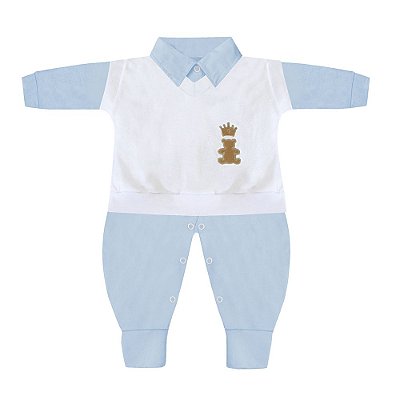 Conjunto Bebê Masculino Colete e Macacão Manga Longa Realeza Azul Bebê e Branco
