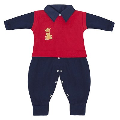 Conjunto Bebê Masculino Colete e Macacão Manga Longa Realeza Azul Marinho e Vermelho