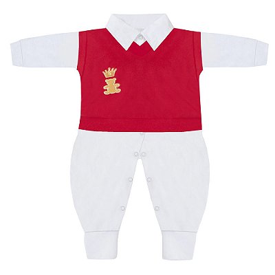 Conjunto Bebê Masculino Colete e Macacão Manga Longa Realeza Branco e Vermelho