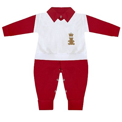 Conjunto Bebê Masculino Colete e Macacão Manga Longa Realeza Vermelho e Branco