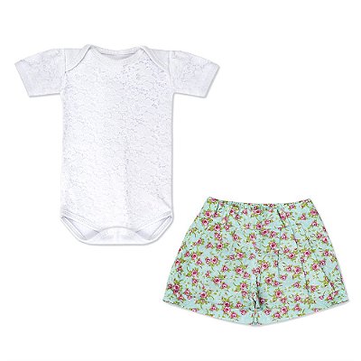 Conjunto Bebê Feminino Body Manga Curta e Shorts Lara Floral Verde