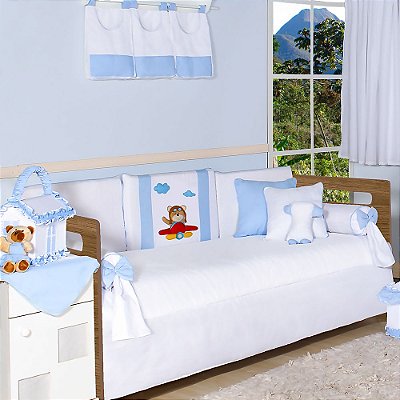 Kit Cama Babá Piloto Azul Bebê 8 Peças