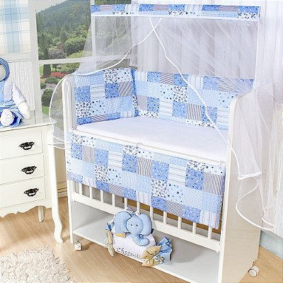 Kit Mini Berço Rubi 6 Peças Patchwork Azul Bebê