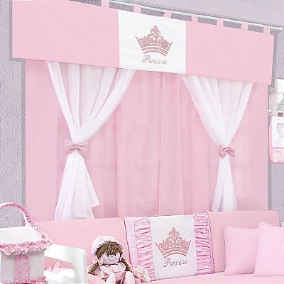 Cortina Dupla Princesinha Rosa Bordada 07 Peças para Quarto de Bebê