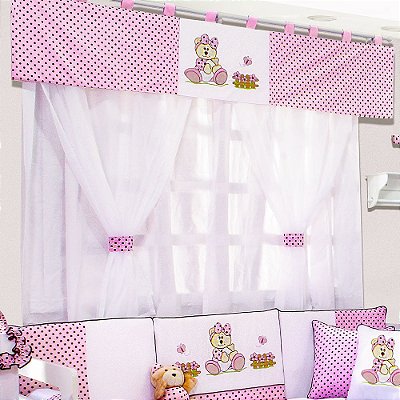 Cortina Dupla Ursa Butterfly Rosa 07 Peças para Quarto de Bebê