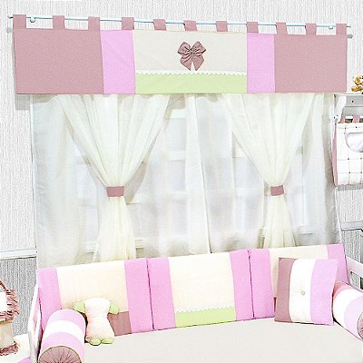 Cortina para Quarto de Bebê e Infantil com Laço Decorativo 07 Peças Coleção Casinha Menina