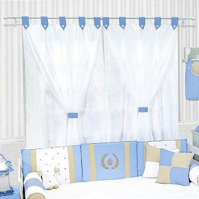 Cortina para Quarto de Bebê e Infantil Com Passadores em Tecido 06 Peças Coleção Coroa Luxo Azul Bebê