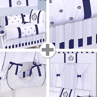 Combo Kit Berço + Saia + Cortina + Almofada Amamentação Com A Inicial Do Bebê Azul Marinho