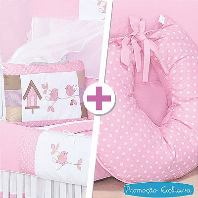 Combo Kit Berço + Almofada Amamentação Passarinhos Rosa