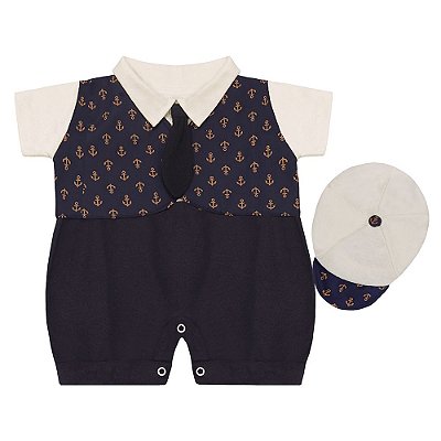 Conjunto Bebê Masculino Macacão com Colete Estampado e Boné Alex