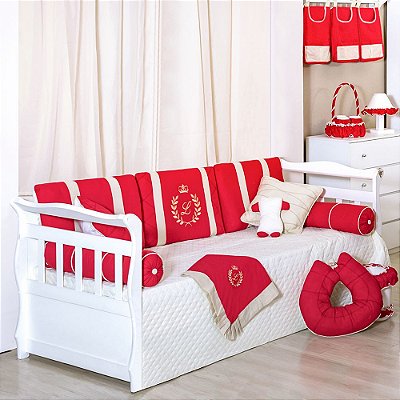 Kit Cama Babá Com A Inicial Do Bebê Bordada Luxo Vermelho 8 Peças