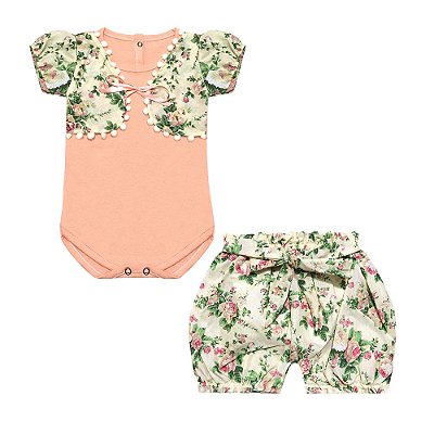 Conjunto Bebê Feminino Body Manga Curta com Colete e Shorts com Laço Dora