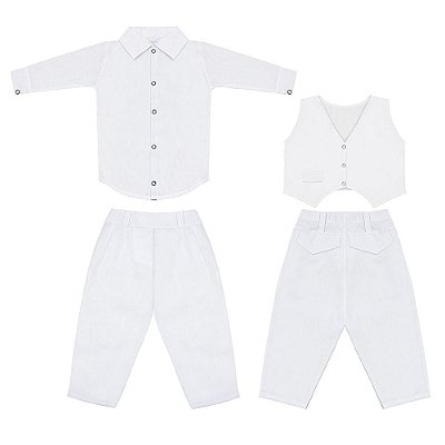 Conjunto Bebê Masculino Camisa Manga Longa com Colete e Calça para Batizado Jeanzinho Branco