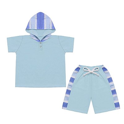 Conjunto Bebê Masculino Camiseta Manga Curta com Capuz e Shorts Davi