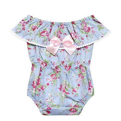 Body Bebê Feminino Manga Curta Priscila Azul com Estampa Floral