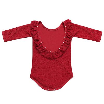 Body Bebê Feminino Manga Longa Maitê Vermelho com Renda