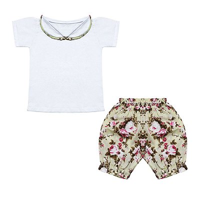 Conjunto Bebê Feminino Bata Branca e Shorts Estampado Alice