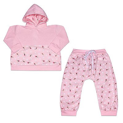 Conjunto Bebê Feminino Casaco Manga Longa com Capuz e Calça Juliana