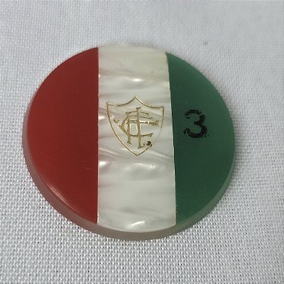 Futebol de botão antigo Fluminense 3 faixas, centro de madrepérola 3,8 cm, numero 3 ,usado