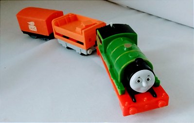 Locomotiva de plástico Percy motorizado com 2 vagões plásticos, da coleção Thomas e amigos