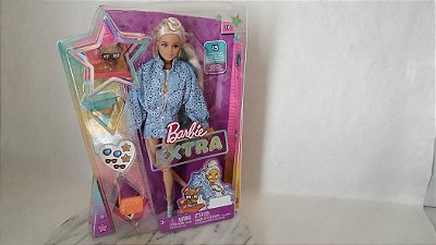 Barbie Extra #16 loura em conjunto jaqueta e saia azul, nova, lacrada