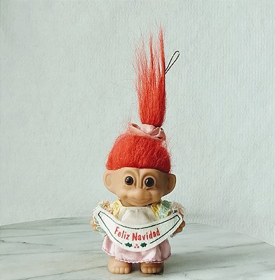 Anos  90, Troll marca Russ ,duende mágico, natalino, Feliz Navidad, 10+8 cm de cabelo de altura