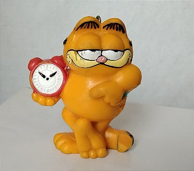Miniatura de vinil gato Garfield segurando um despertador ,United Feature Syndicate 1991, 6,5 cm