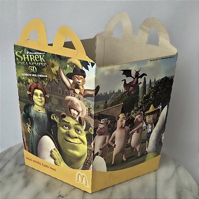 Caixa de papelão da coleção de bonecos Shrek para sempre do Mcdonald's