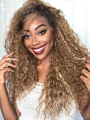 Lace Front Bio Fibra Cacheada Kati Loiro Raiz Castanha