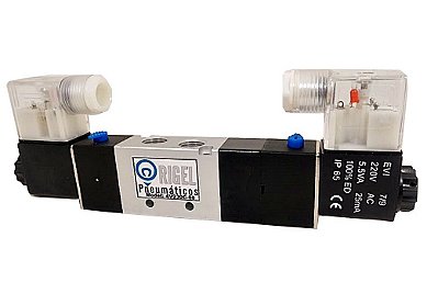 Válvula Direcional Pneumática 5/3 vias de 1/4 bsp com Duplo Solenoide Centro Fechado com Bobina