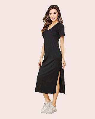 Vestido Feminino Midi Decote V Algodão