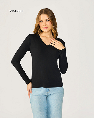 Blusa Feminina Manga Longa em Viscose Decote V