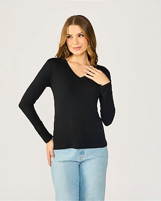 Blusa Viscolycra Decote V Manga Longa