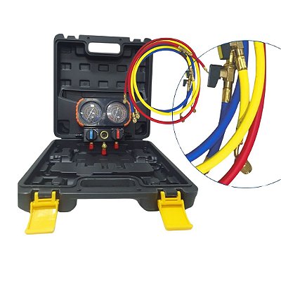 Manifold 2 Vias Premium R134A/R22/R32/R410A SURYHA 80150182 + Mangueira c/ Registro Bola 1/4 1,5m ELITECH