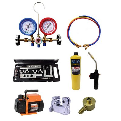 Kit Manifold C/Mang R22/R134/R404+Bomba de Vácuo +Base P/Fluido + Flang + Corta/tubo (1/8A 5/8)+Turbo Tocha +Gás map+Brinde