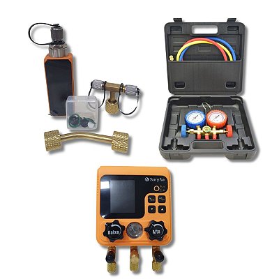 Kit Vacuometro Digital C/ Adaptadores 1/4" + Manifold Digital S/Mangueiras + Manifold C/Mangueira 90CM Maleta  Premium
