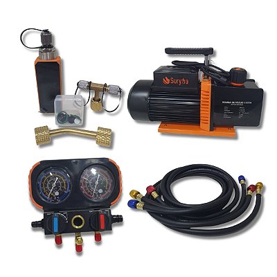 Kit Vacuometro Digital C/Adaptadores 1/4" + Bomba Vacuo + Manifold 2 vias Premium + CJ De Mangueira 150CM