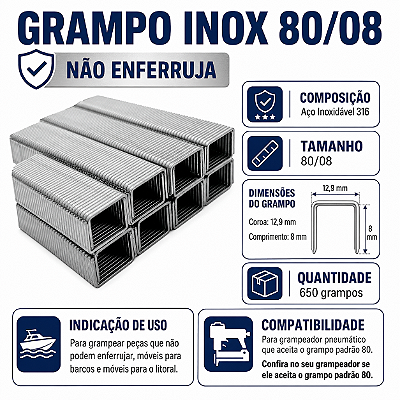 Grampo INOX 80/08 caixa com 650 grampos, não enferruja
