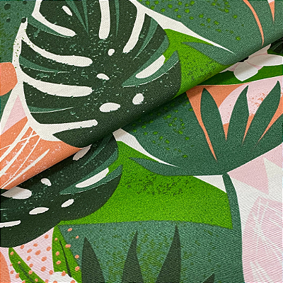 Tecido Para Área Externa Folhas Verde e Rosa Riviera II 162